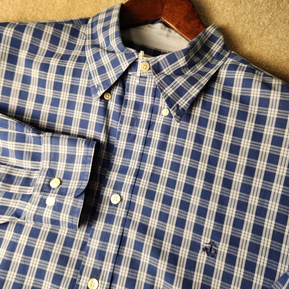 Brooks Brothers Button Down Mens XL Blue Plaid Excellent Long Sleeve Logo Shirt